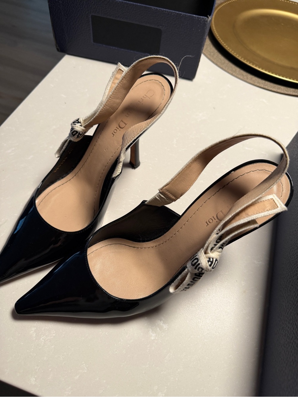 Dior Black Patent Leather Pointed Slingback Pumps with Logo Strap